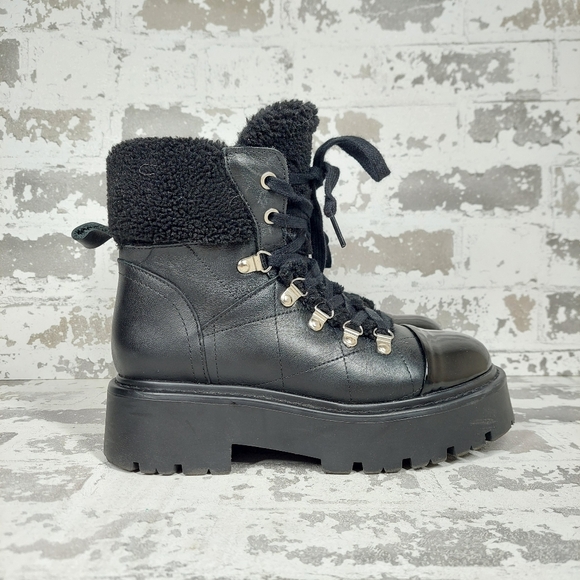 NEW Steve Madden Colleta Platform Black Leather Lace Up Boots W283 - Picture 4 of 9